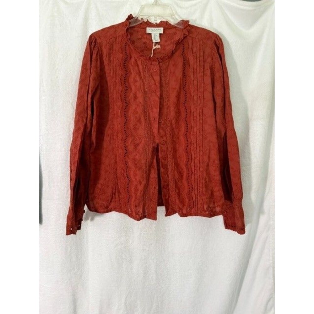 Calypso St. Barth Women’s Blouse L Rust Embroidered Lace Boho Button Front NWT